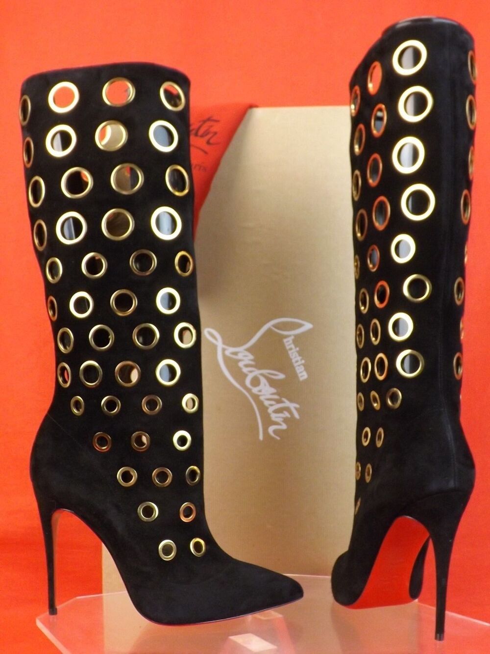 NIB LOUBOUTIN APOLLO 100 BLACK SUEDE GOLD EYELETS EMBELLISHED BOOTS 38.5 $3.5K